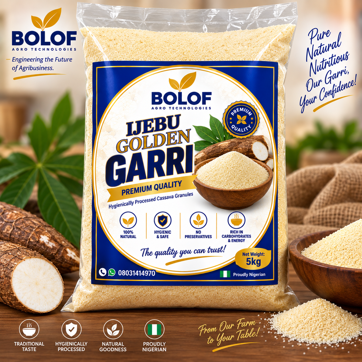 Packaging design for BOLOF Ijebu Golden Garri.