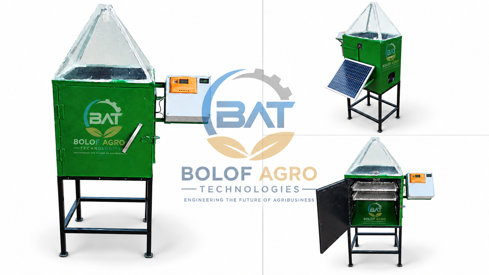 Multiple views of a green hybrid multi-crop dryer developed by Bolof Agro Technologies, showing its drying chamber, solar panel, control unit and internal trays.