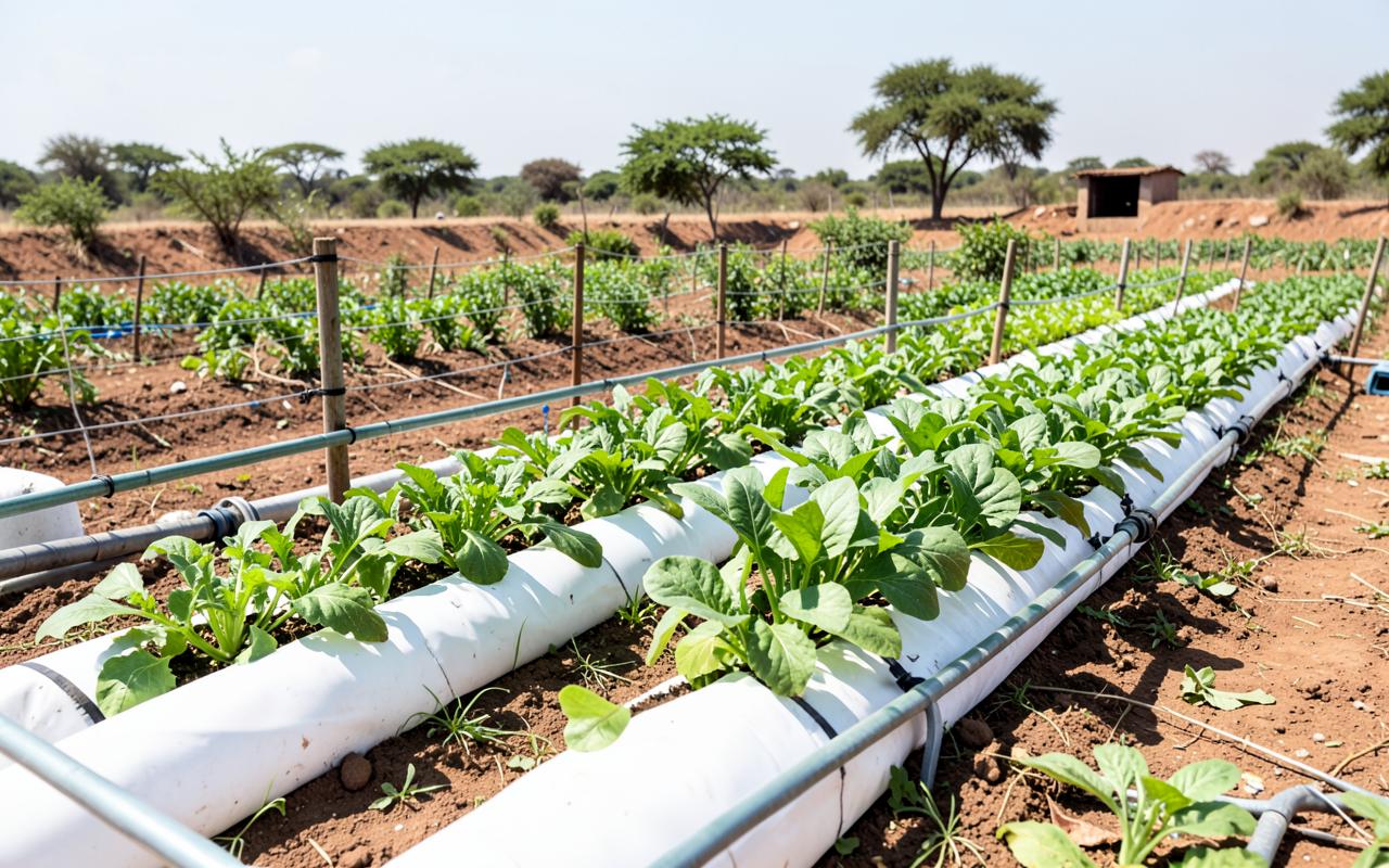 Drip irrigation lines and hydroponic growing channels supplying leafy vegetables on a farm